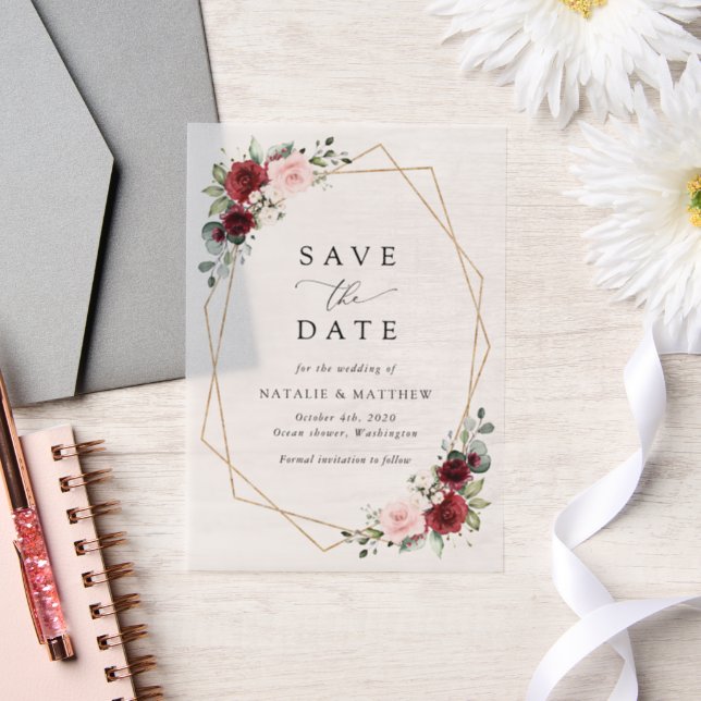 Burgundy Flowers, Pink Flowers, Greenery, Wedding Vellum Invitations (Wedding)