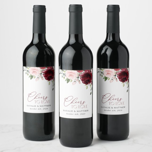 Burgundy Flowers, Pink Flowers, Greenery, Wedding Wine Label (Bottles)