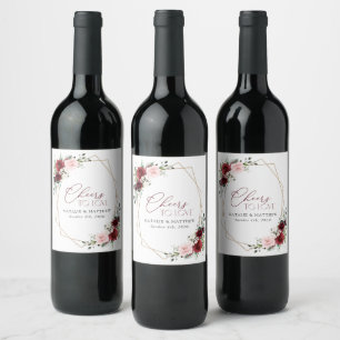 Burgundy Flowers, Pink Flowers, Greenery, Wedding Wine Label