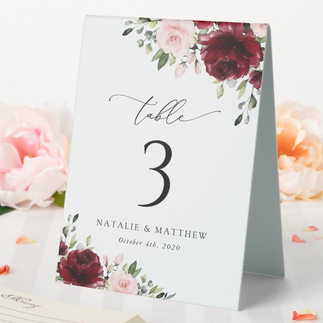 Burgundy Flowers, Pink Flowers, Table Numbers (In SItu (Wedding))