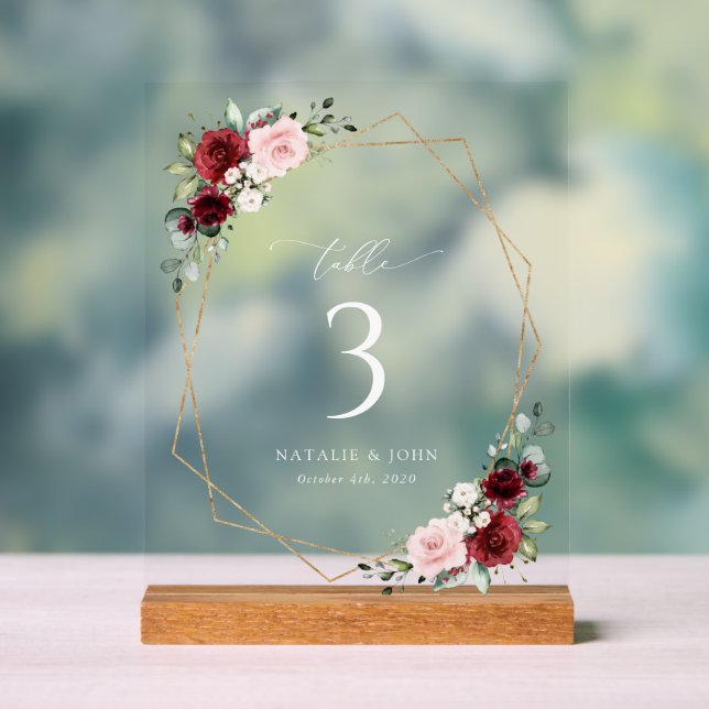 Burgundy Flowers, Pink Flowers, Table Numbers Acrylic Sign (Neutral)
