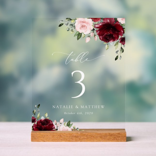 Burgundy Flowers, Pink Flowers, Table Numbers Acrylic Sign (Neutral)