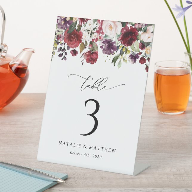 Burgundy Flowers, Pink Flowers, Table Numbers Pedestal Sign (In SItu)