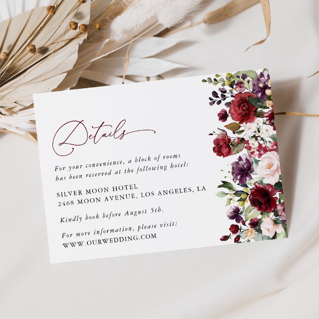 Burgundy Flowers, Pink Flowers, Wedding Details Enclosure Card (Creator Uploaded)