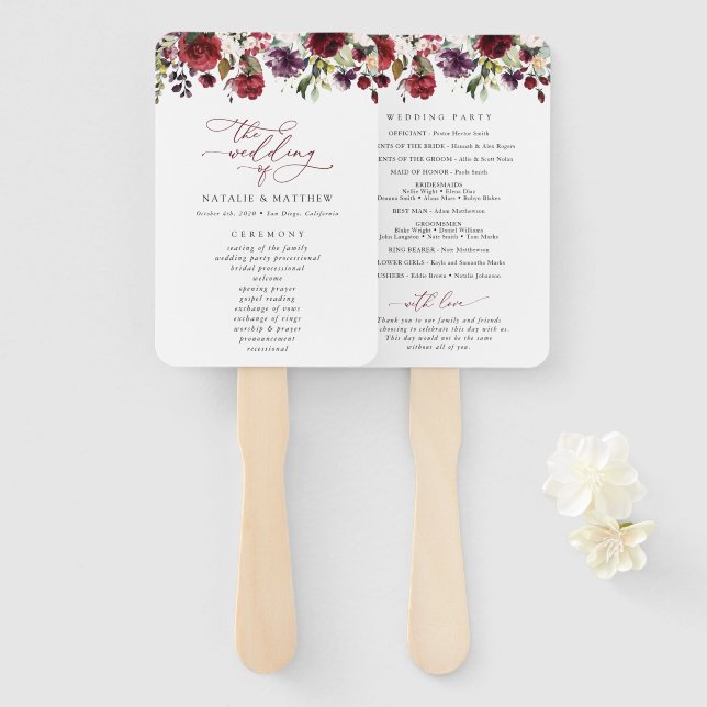 Burgundy Flowers, Pink Flowers, Wedding Program Hand Fan (Front and Back)