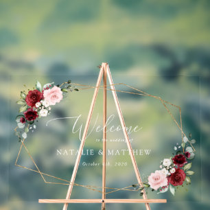 Burgundy Flowers, Pink Flowers, Wedding Welcome Acrylic Sign