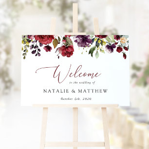 Burgundy Flowers, Pink Flowers, Wedding Welcome Poster