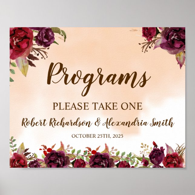 Burgundy Flowers Programs Wedding Ceremony Sign (Front)