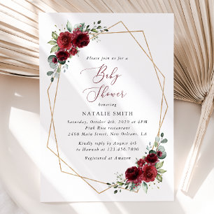Burgundy Flowers, Red Flowers, Baby Shower Invitation