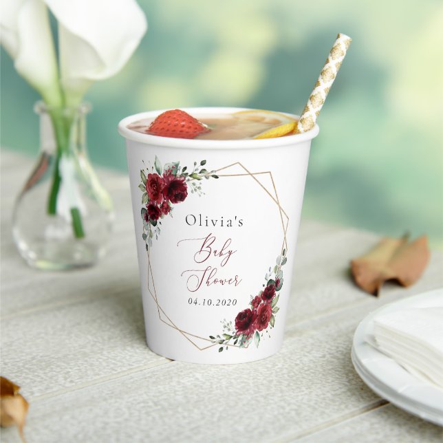 Burgundy Flowers, Red Flowers, Baby Shower Paper Cups (Insitu)