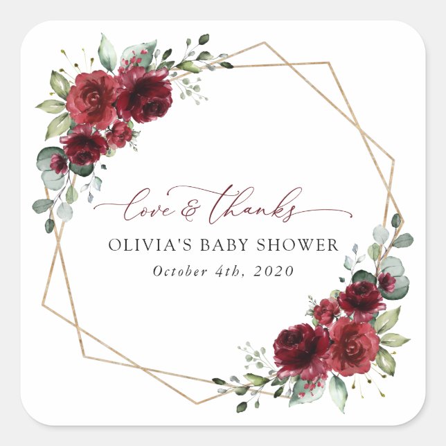 Burgundy Flowers, Red Flowers, Baby Shower Square Sticker (Front)