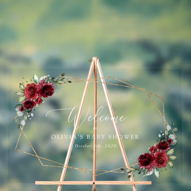 Burgundy Flowers, Red Flowers, Baby Shower Welcome Acrylic Sign (Neutral)