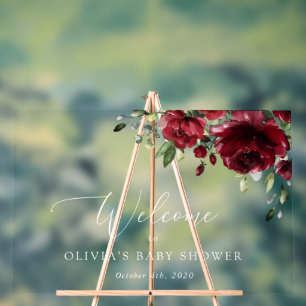 Burgundy Flowers, Red Flowers, Baby Shower Welcome Acrylic Sign