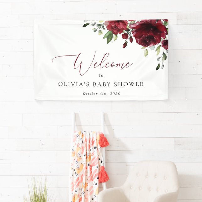 Burgundy Flowers, Red Flowers, Baby Shower Welcome Banner (Insitu)