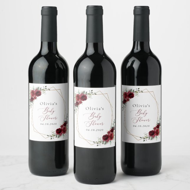 Burgundy Flowers, Red Flowers, Baby Shower Wine Label (Bottles)