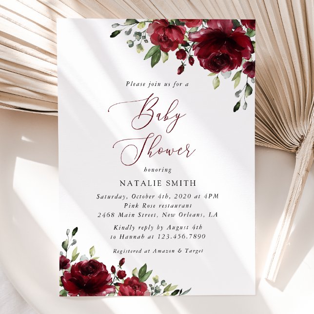 Burgundy Flowers, Red Flowers, Boho, Baby Shower Invitation (Creator Uploaded)