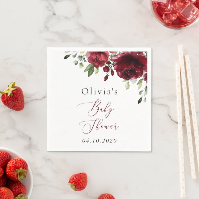 Burgundy Flowers, Red Flowers, Boho, Baby Shower Napkin (Insitu)