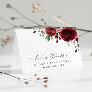 Burgundy Flowers, Red Flowers, Boho, Baby Shower Thank You Card