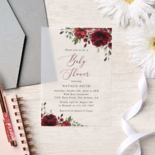 Burgundy Flowers, Red Flowers, Boho, Baby Shower Vellum Invitations