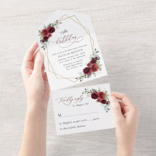 Burgundy Flowers, Red Flowers, Boho, Birthday All In One Invitation