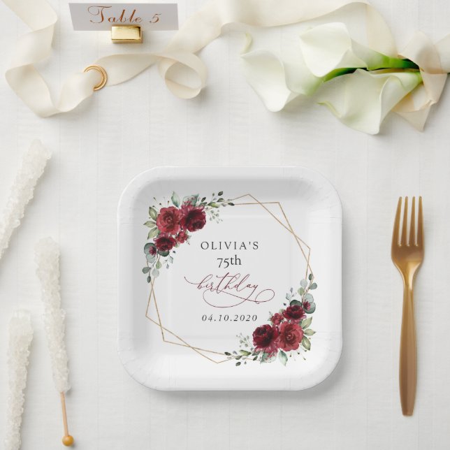 Burgundy Flowers, Red Flowers, Boho, Birthday Paper Plate (Wedding)