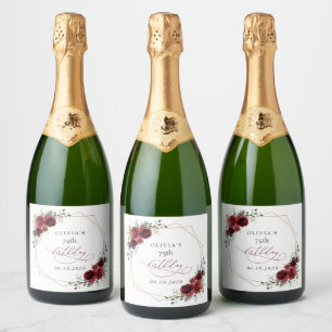 Burgundy Flowers, Red Flowers, Boho, Birthday Sparkling Wine Label