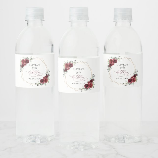 Burgundy Flowers, Red Flowers, Boho, Birthday Water Bottle Label (Bottles)