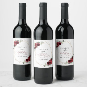 Burgundy Flowers, Red Flowers, Boho, Birthday Wine Label