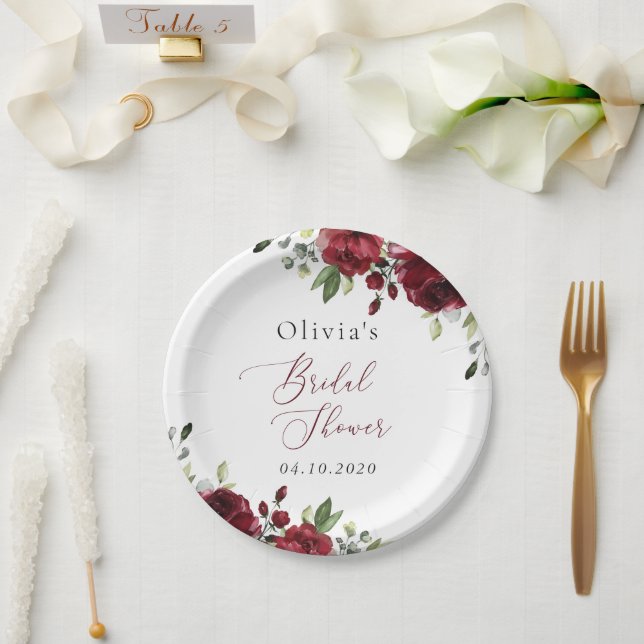Burgundy Flowers, Red Flowers, Boho, Bridal Shower Paper Plate (Wedding)