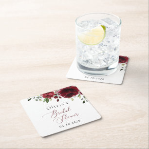 Burgundy Flowers, Red Flowers, Boho, Bridal Shower Square Paper Coaster
