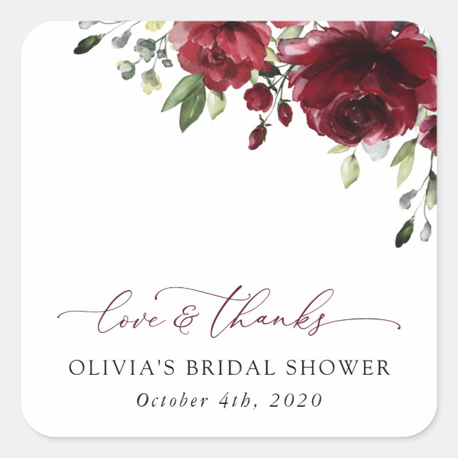 Burgundy Flowers, Red Flowers, Boho, Bridal Shower Square Sticker (Front)