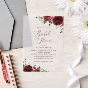Burgundy Flowers, Red Flowers, Boho, Bridal Shower Vellum Invitations