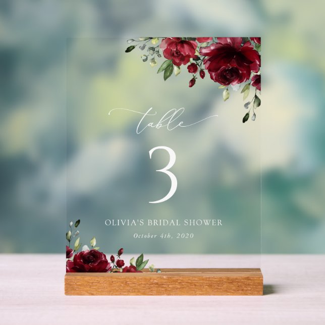 Burgundy Flowers, Red Flowers, Boho, Table Numbers Acrylic Sign (Neutral)