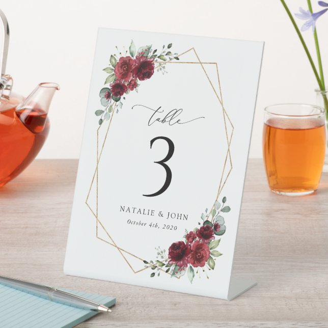 Burgundy Flowers, Red Flowers, Boho, Table Numbers Pedestal Sign (In SItu)