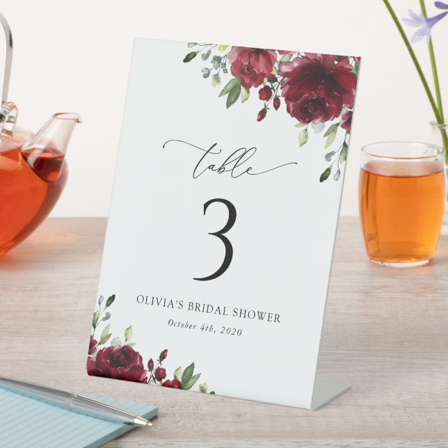 Burgundy Flowers, Red Flowers, Boho, Table Numbers Pedestal Sign (In SItu)