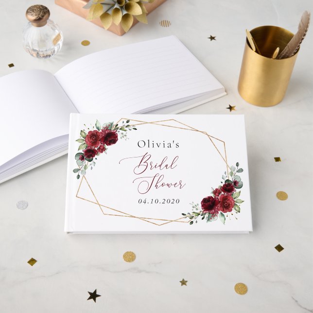 Burgundy Flowers, Red Flowers, Bridal Shower Guest Book (Front Open)