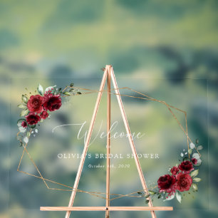 Burgundy Flowers, Red Flowers, Bridal Welcome Acrylic Sign