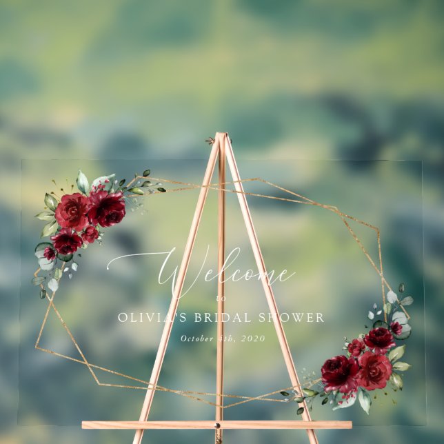 Burgundy Flowers, Red Flowers, Bridal Welcome Acrylic Sign (Neutral)