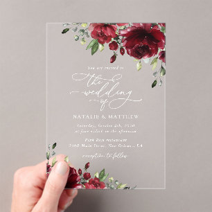 Burgundy Flowers, Red Flowers, Floral Wedding Acrylic Invitations