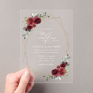 Burgundy Flowers, Red Flowers, Floral Wedding Acrylic Invitations