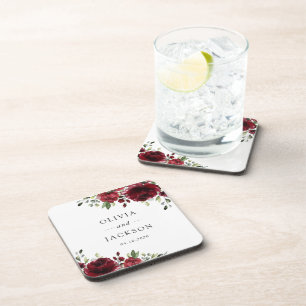 Burgundy Flowers, Red Flowers, Floral Wedding Coaster
