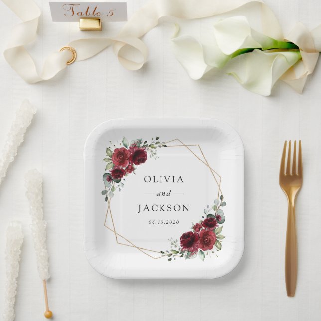 Burgundy Flowers, Red Flowers, Floral Wedding Paper Plate (Wedding)