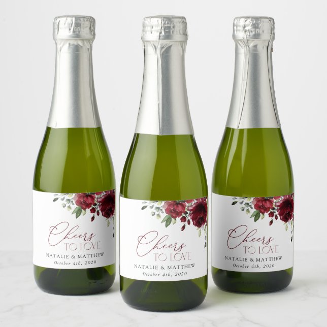 Burgundy Flowers, Red Flowers, Floral Wedding Sparkling Wine Label (Bottles)