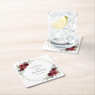 Burgundy Flowers, Red Flowers, Floral Wedding Square Paper Coaster