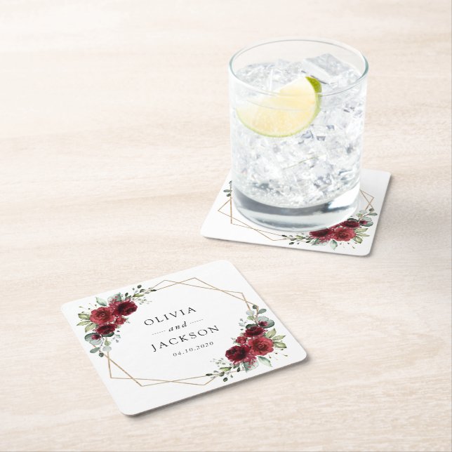 Burgundy Flowers, Red Flowers, Floral Wedding Square Paper Coaster (Insitu)