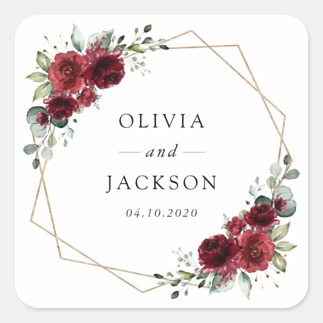Burgundy Flowers, Red Flowers, Floral Wedding Square Sticker (Front)