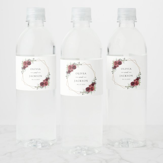 Burgundy Flowers, Red Flowers, Floral Wedding Water Bottle Label (Bottles)