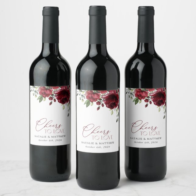 Burgundy Flowers, Red Flowers, Floral Wedding Wine Label (Bottles)