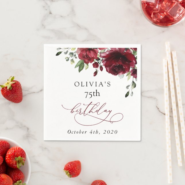 Burgundy Flowers, Red Flowers, Greenery, Birthday Napkin (Insitu)
