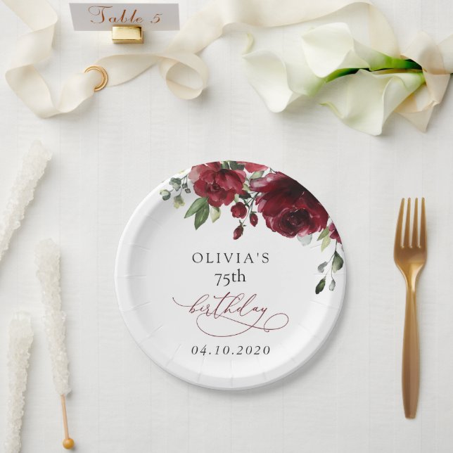 Burgundy Flowers, Red Flowers, Greenery, Birthday Paper Plate (Wedding)